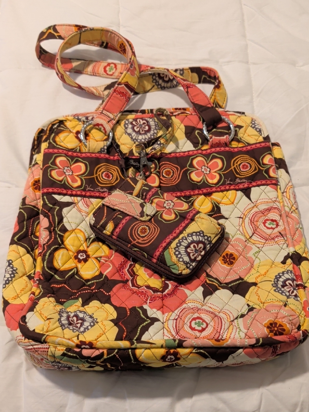 Vera Bradley Quilted Floral Tote in Brown, Pink, Yellow, Cream